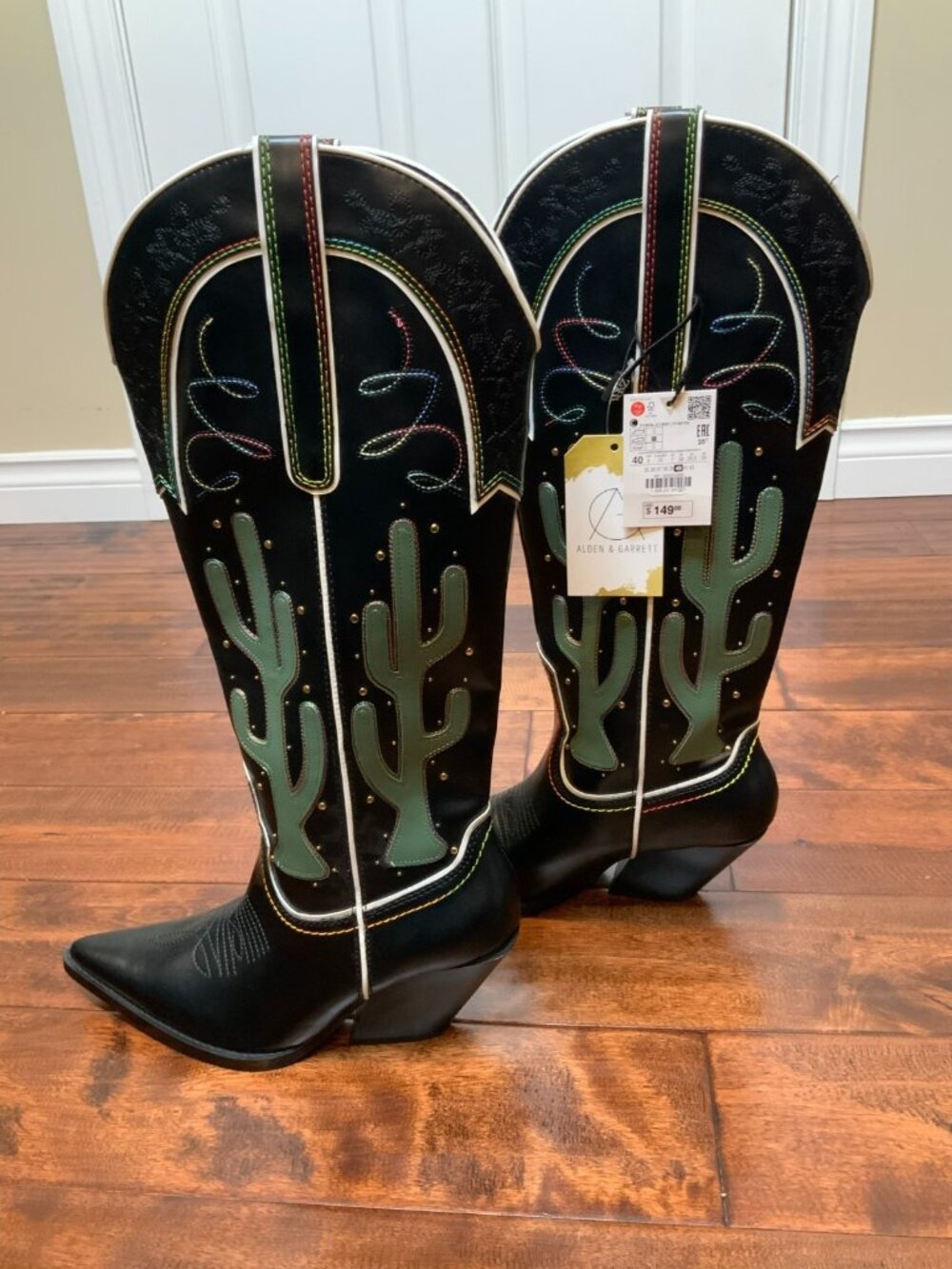 Zara Black Contrasting Knee High Cactus Embroidered Cowboy Boots, Size 9 NEW! - Picture 4 of 11